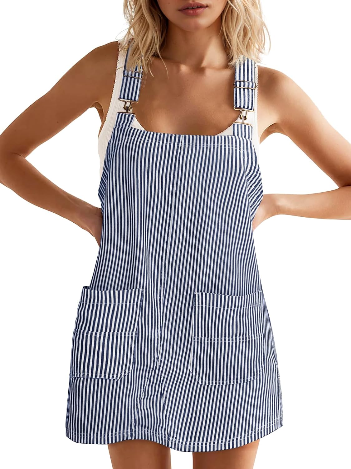 Striped Denim Overall Dress with Pockets in Navy Blue