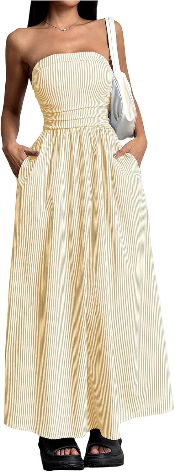 Striped Strapless A-Line Maxi Dress with Pockets in Light Yellow