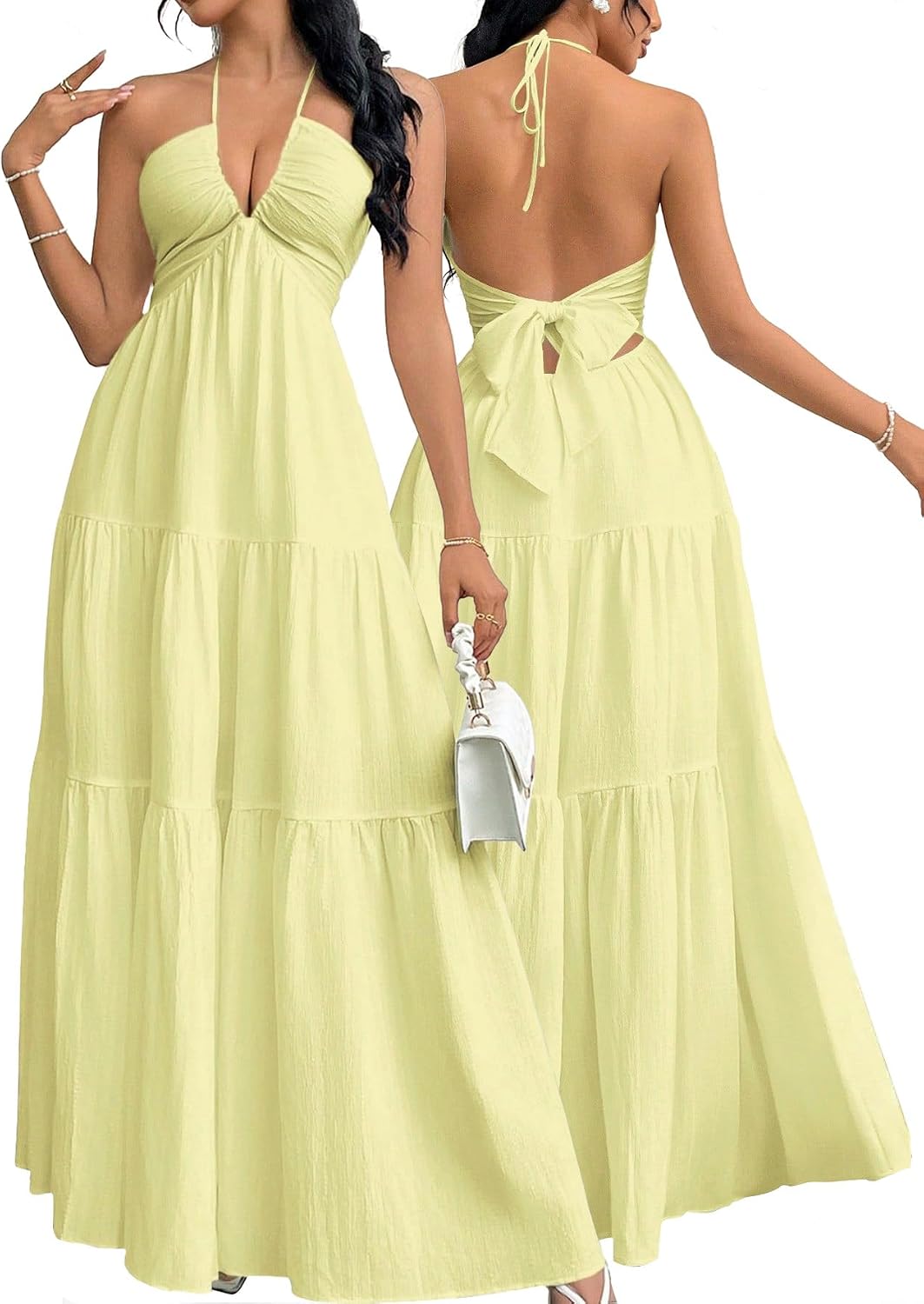 Halter V-Neck A-Line Maxi Dress in Yellow