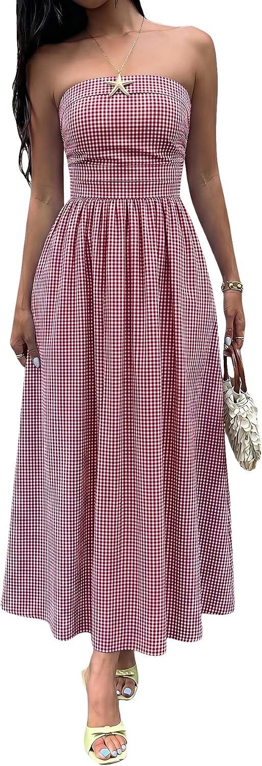 Striped Strapless A-Line Maxi Dress with Pockets in Burgundy