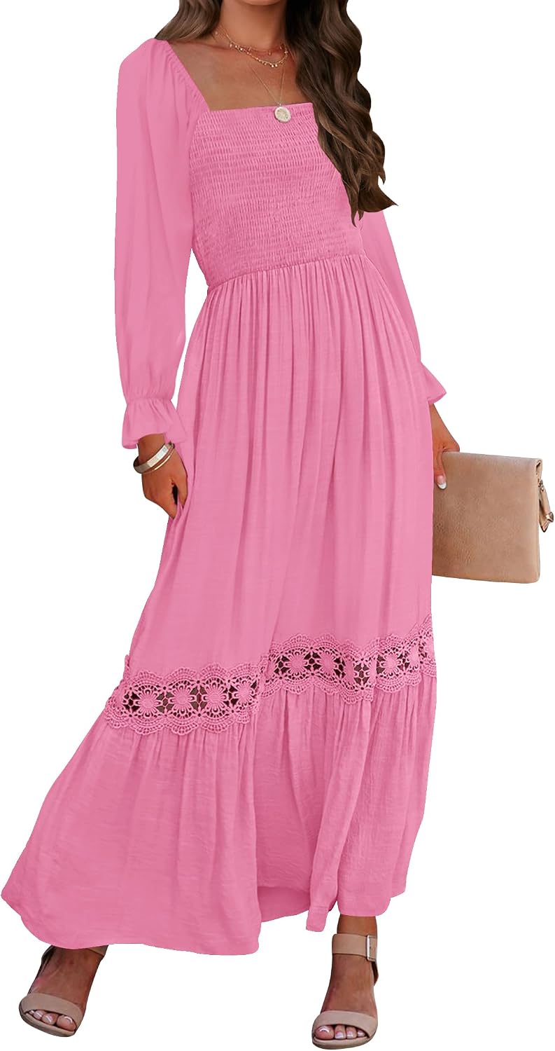 Smocked Square-Neck Long-Sleeve Maxi Dress in Hot Pink