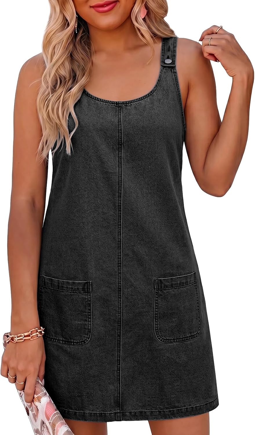 Sleeveless Denim Overall Mini Dress in Black