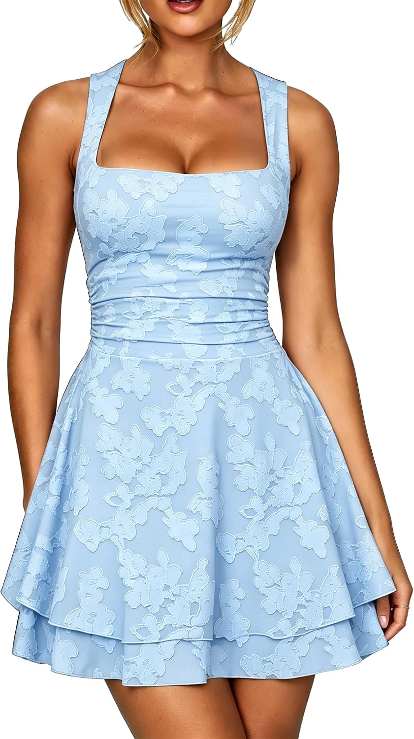 Floral Square-Neck Ruffle A-Line Mini Dress in Baby Blue