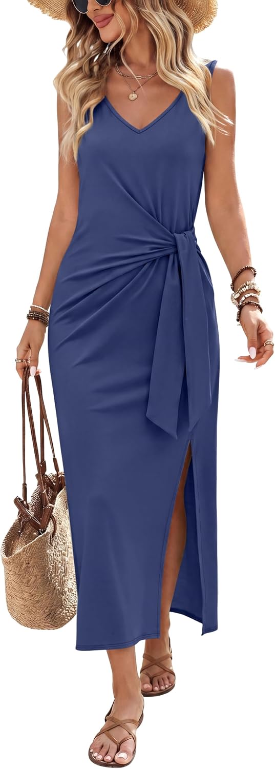 V-Neck Sleeveless Tie-Waist Midi Dress in Dark Blue