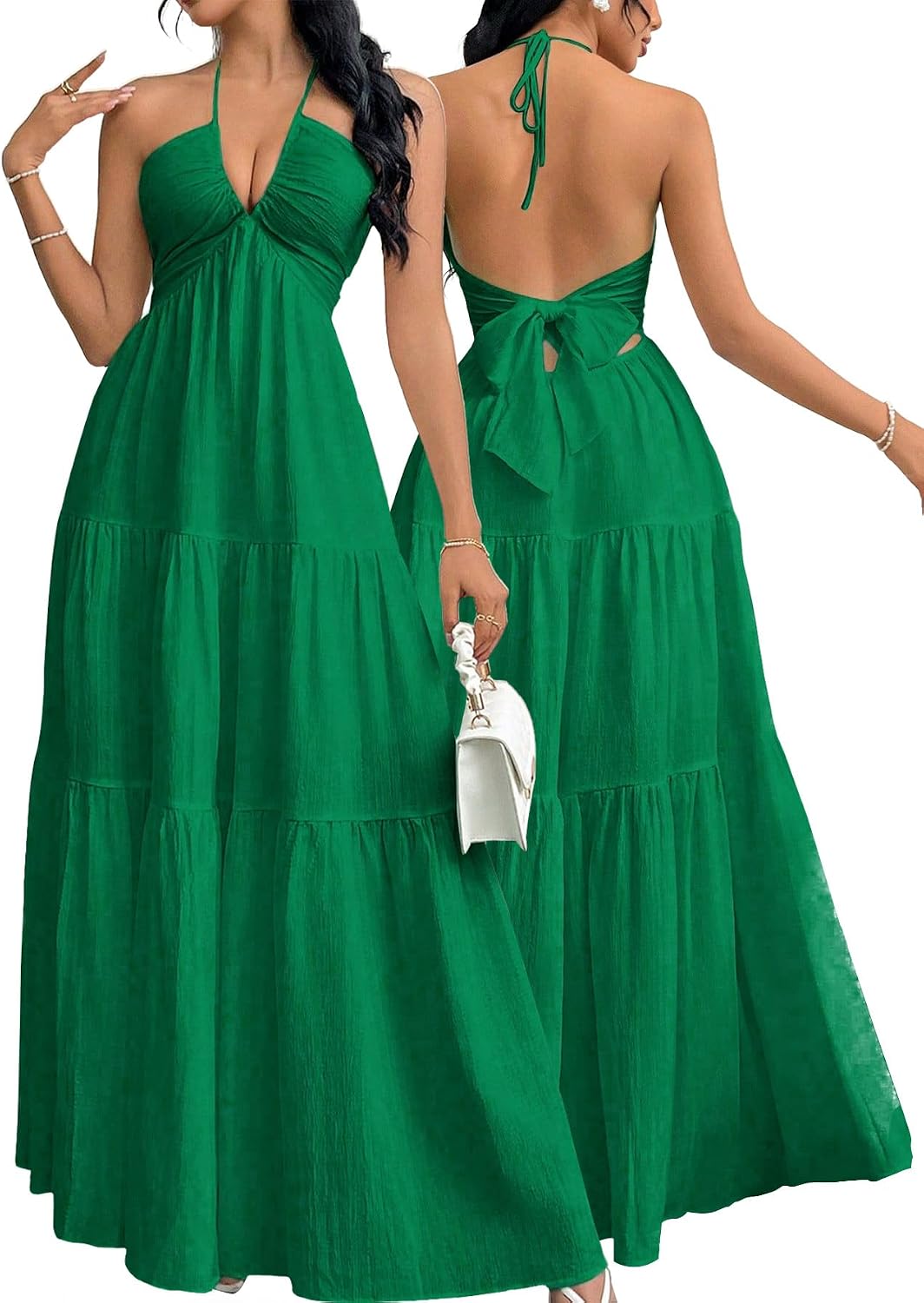 Halter V-Neck A-Line Maxi Dress in Emerald Green