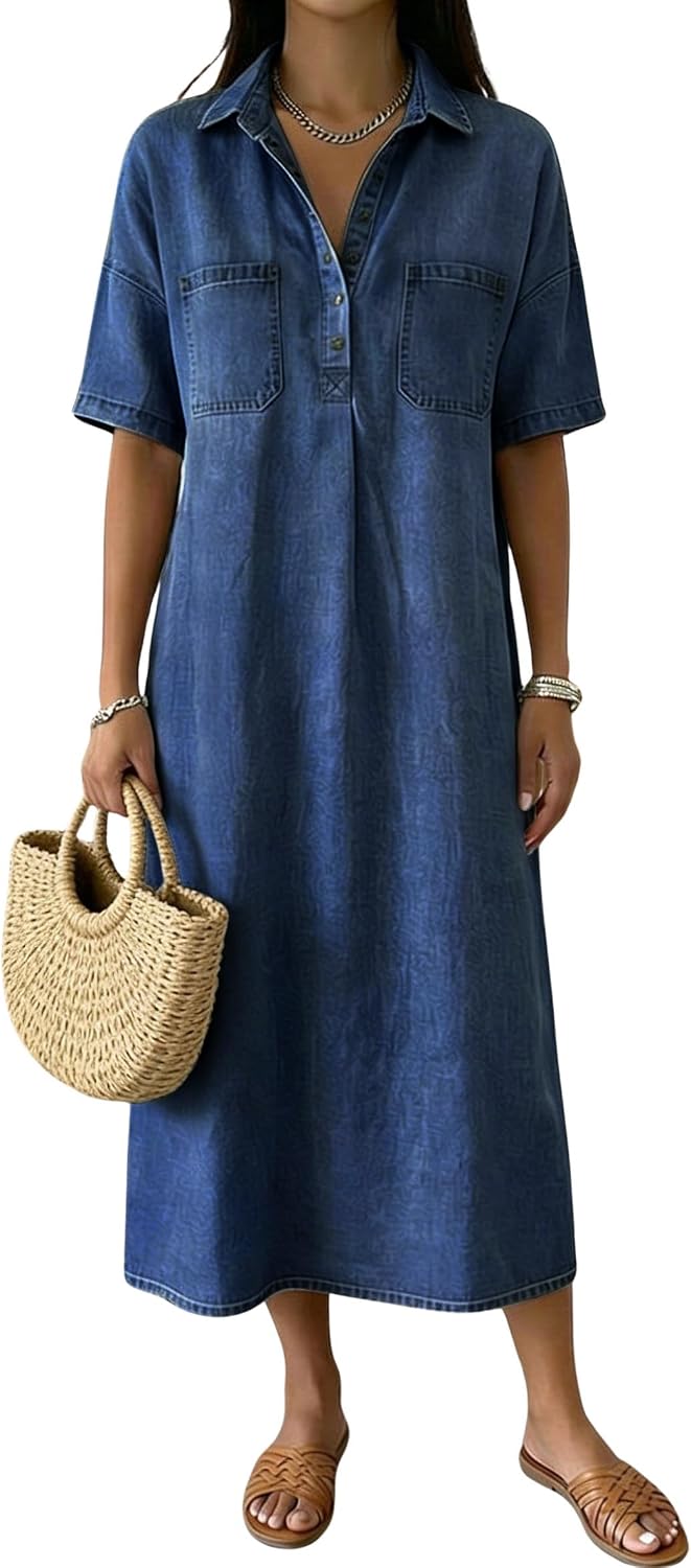 Distressed Denim Polo Shirt Dress in Dark Blue