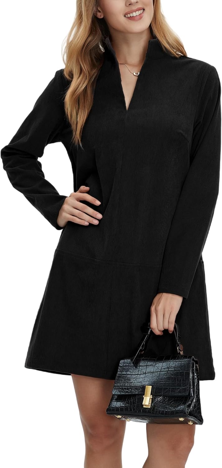 Corduroy V-Neck Long-Sleeve A-Line Mini Dress in Black