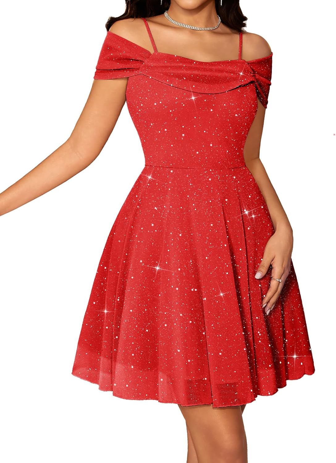 Sparkly Sequin Tulle Cowl-Neck Short Party Dress in Red
