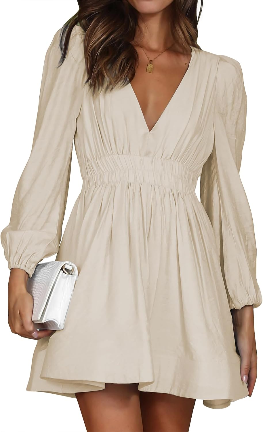 Deep-V Long-Sleeve A-Line Mini Dress in Apricot
