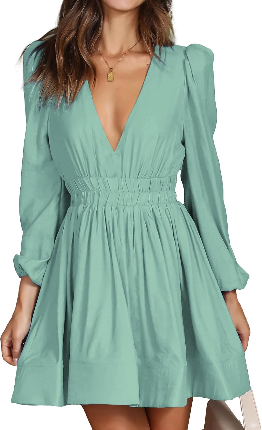 Deep-V Long-Sleeve A-Line Mini Dress in Sage Green