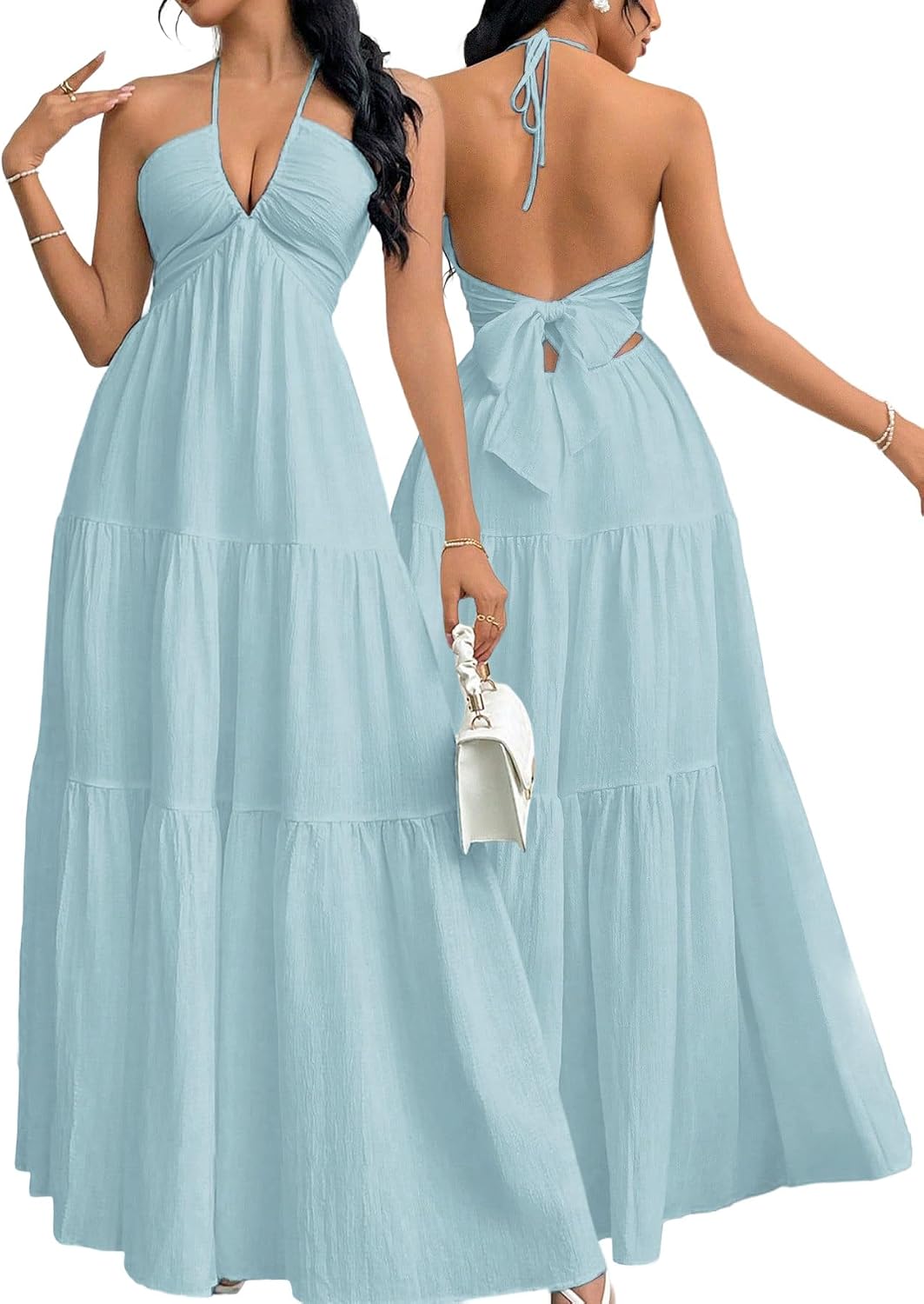 Halter V-Neck A-Line Maxi Dress in Sky Blue