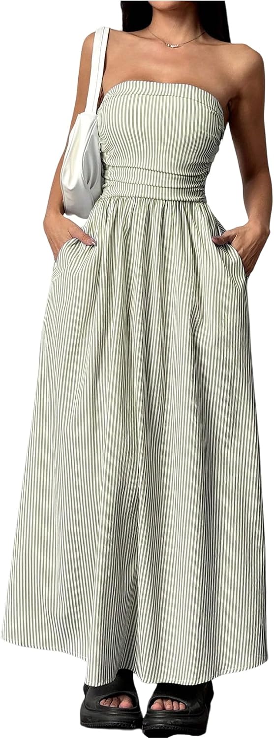 Striped Strapless A-Line Maxi Dress with Pockets in Green