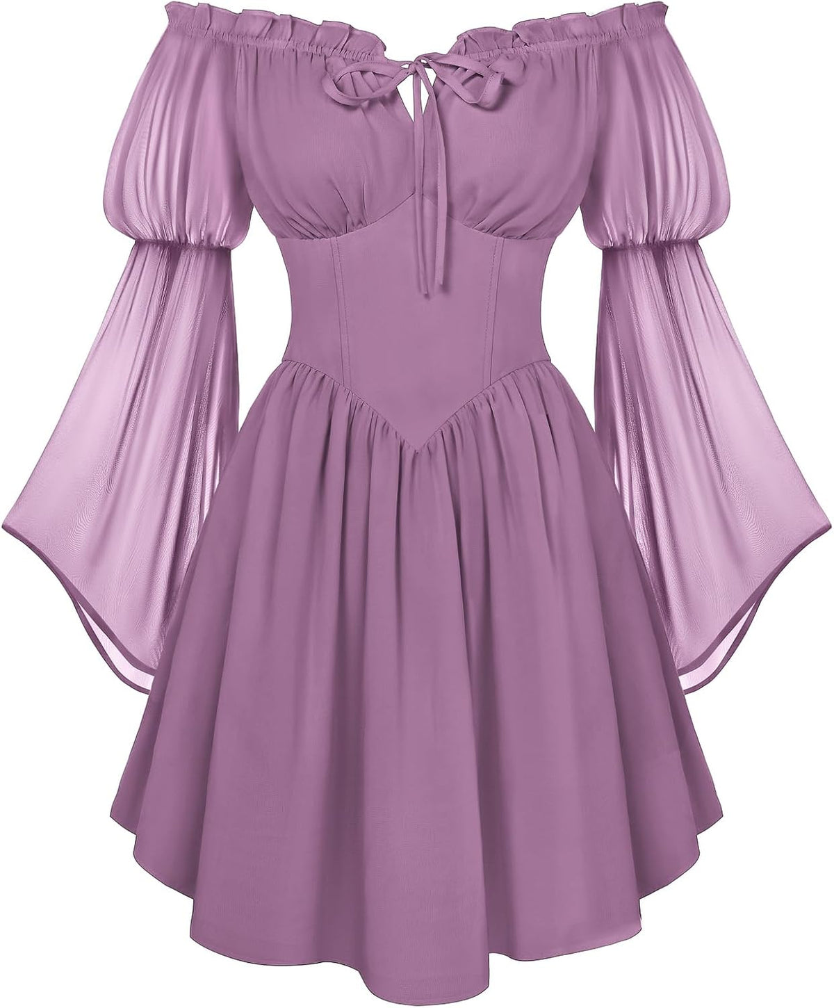 Off-Shoulder Bell-Sleeve Renaissance Dress with Pockets in Taro Purple