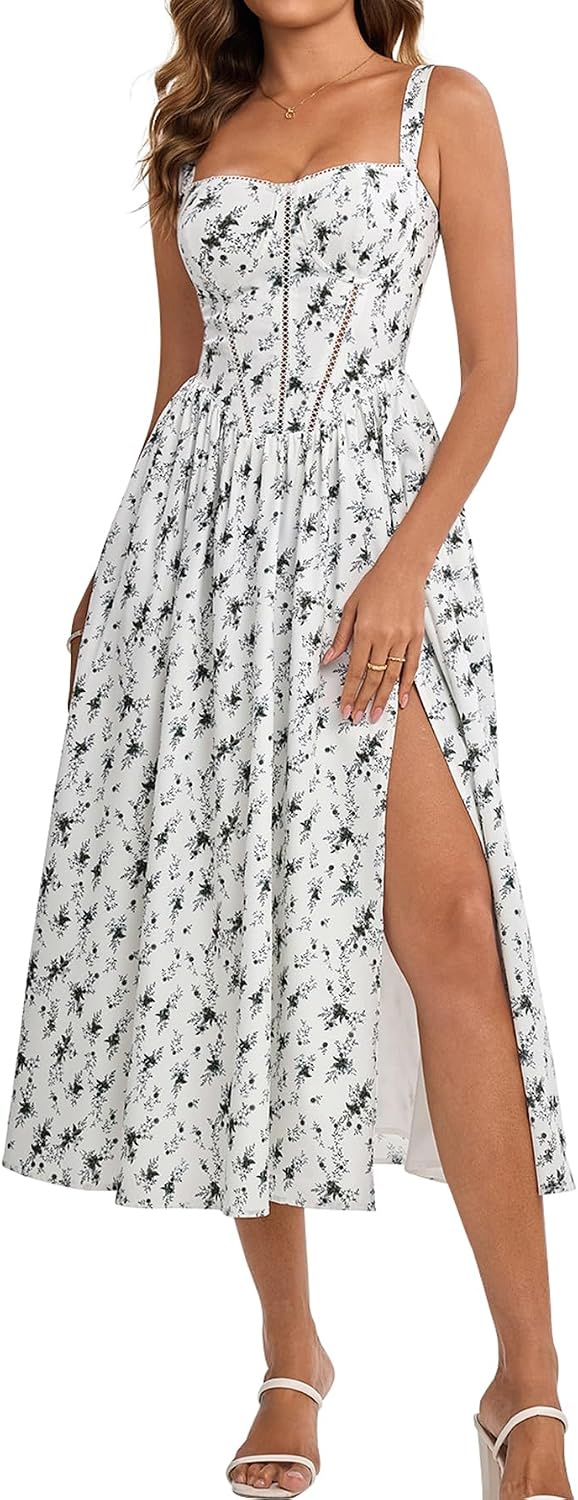 Floral Corset Midi Dress with Slit and Pockets in Green Floral