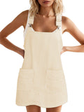 Striped Denim Overall Dress with Pockets in Beige