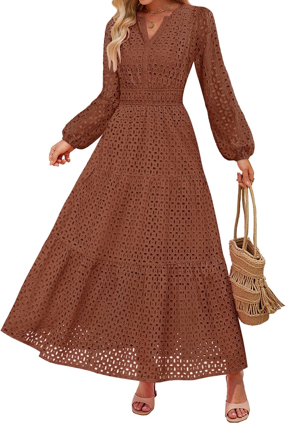 Eyelet V-Neck Long-Sleeve A-Line Dress in Brown