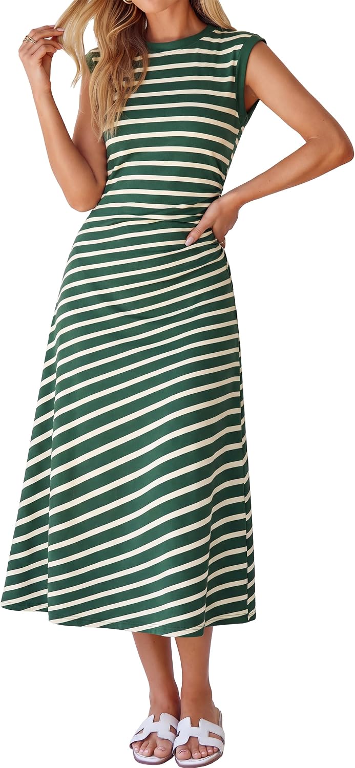 Cap-Sleeve T-Shirt A-Line Midi Dress in Green