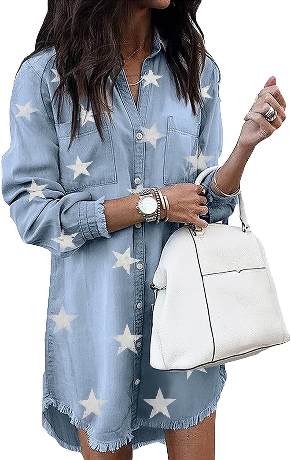 Long-Sleeve Button-Down Denim Shirt Dress with Fringe Hem in Blue Star