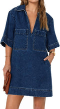 Collared V-Neck Denim Mini Shirt Dress in Blue
