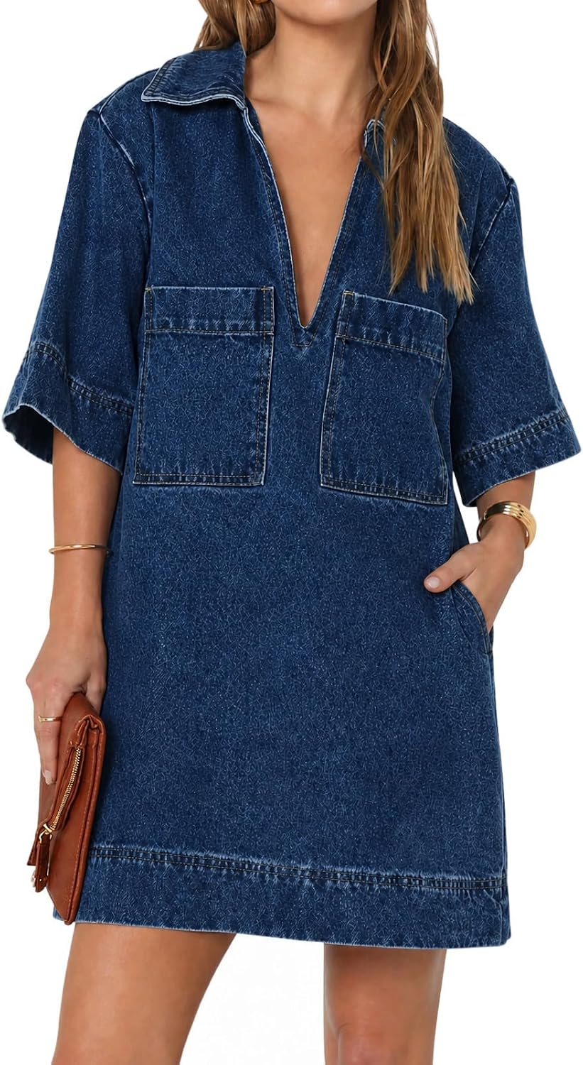 Collared V-Neck Denim Mini Shirt Dress in Blue