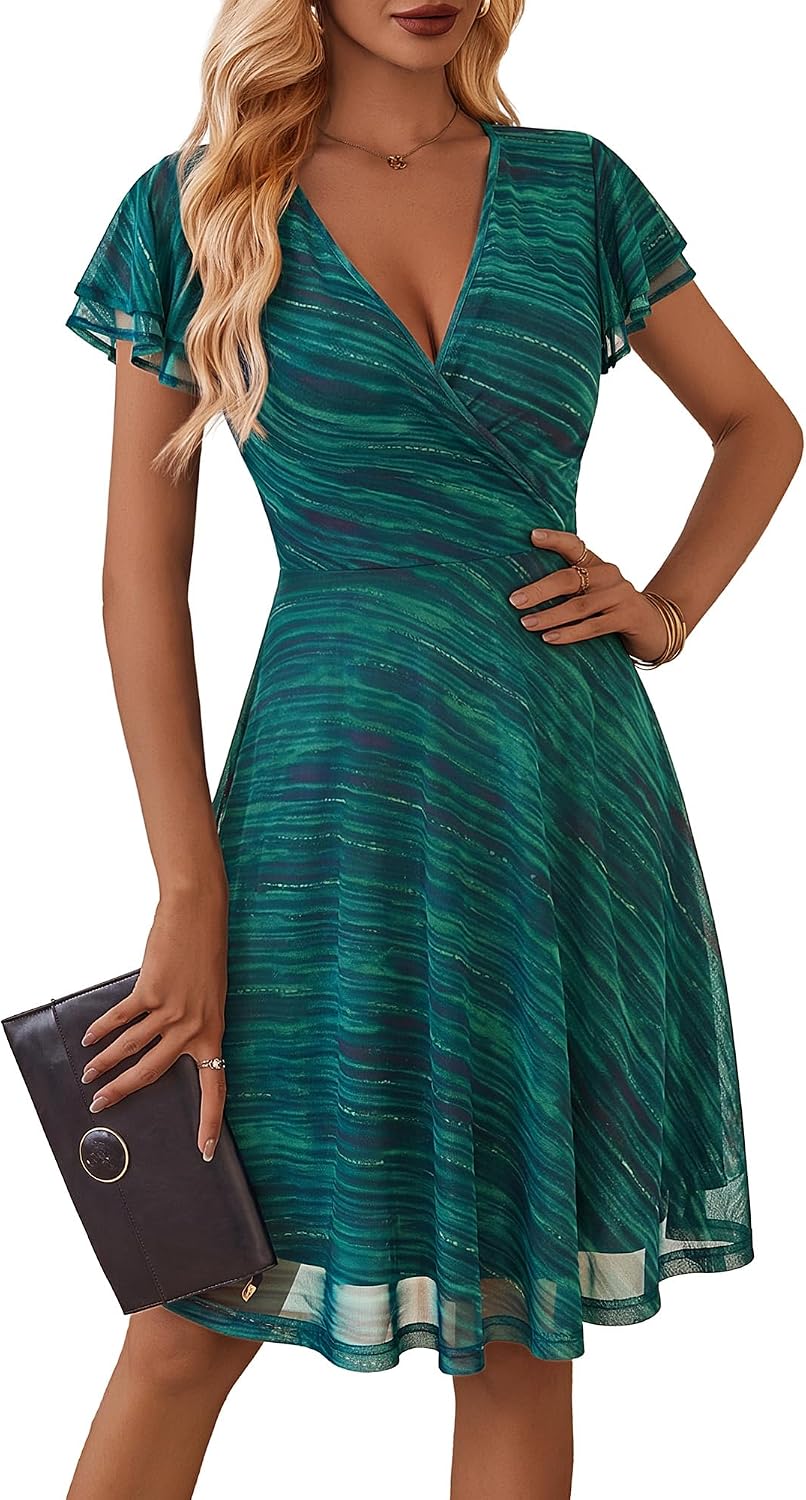 Floral Mesh Wrap V-Neck Knee-Length Dress in Green Floral 8