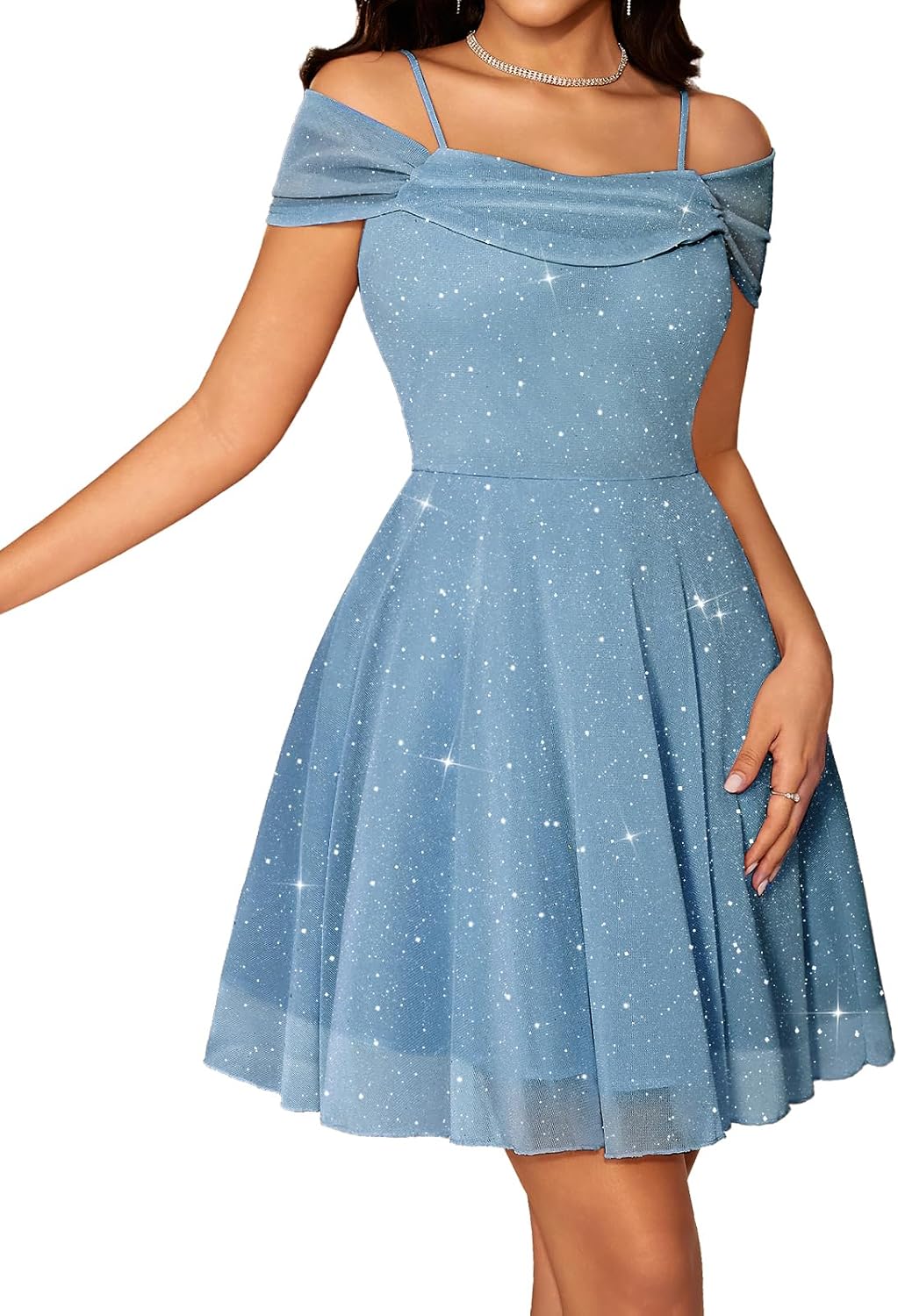 Sparkly Sequin Tulle Cowl-Neck Short Party Dress in Grey Blue