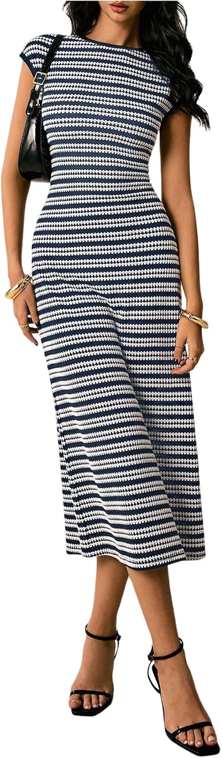 Striped Knit Cap-Sleeve Bodycon Midi Dress in Blue and White Striped