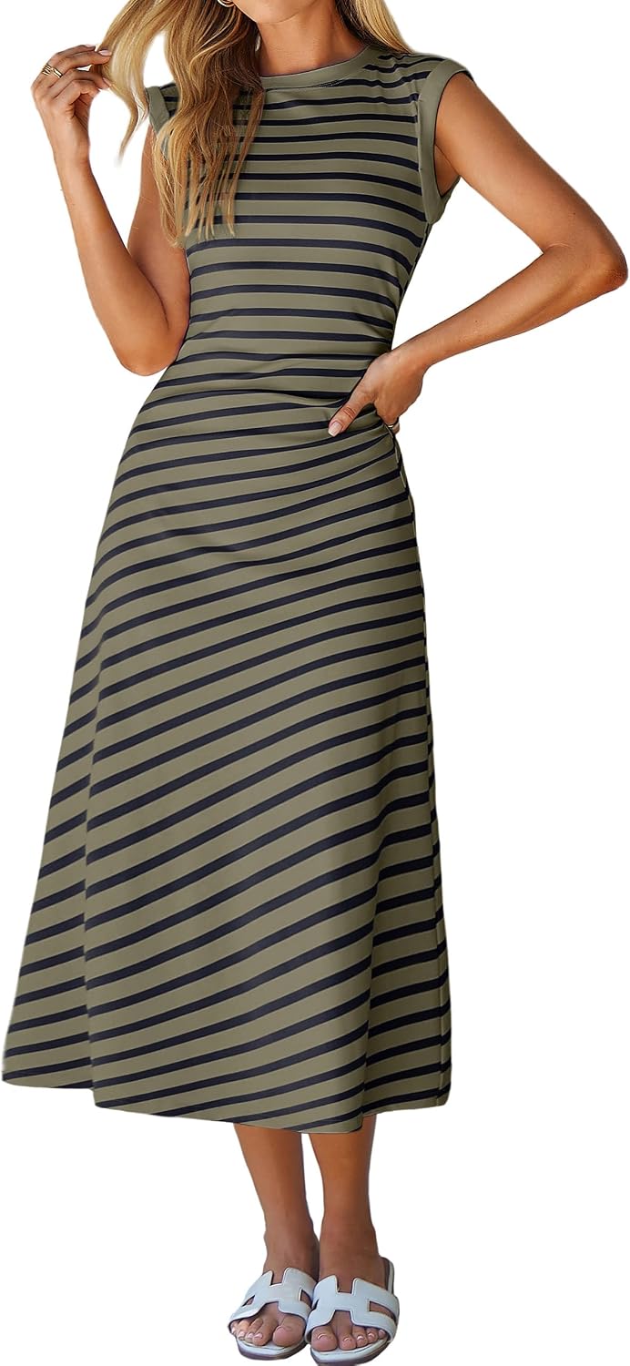 Cap-Sleeve T-Shirt A-Line Midi Dress in Army Green
