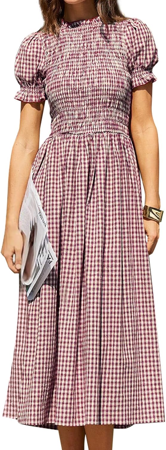 Gingham Puff-Sleeve Smocked Midi Dress in Wine Red (Long)