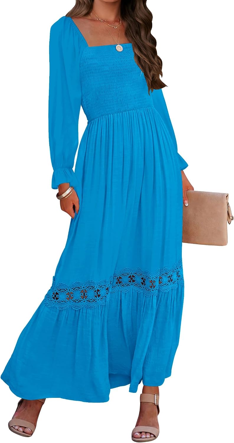Smocked Square-Neck Long-Sleeve Maxi Dress in Cobalt