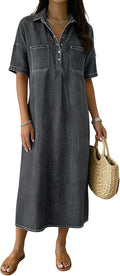 Distressed Denim Polo Shirt Dress in Black