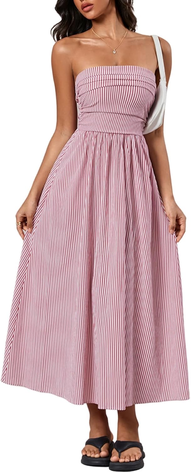 Striped Strapless A-Line Maxi Dress with Pockets in Red