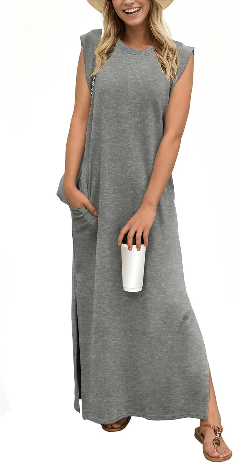 Crew-Neck Loose Maxi Dress with Side Slits and Pockets in Heather Grey