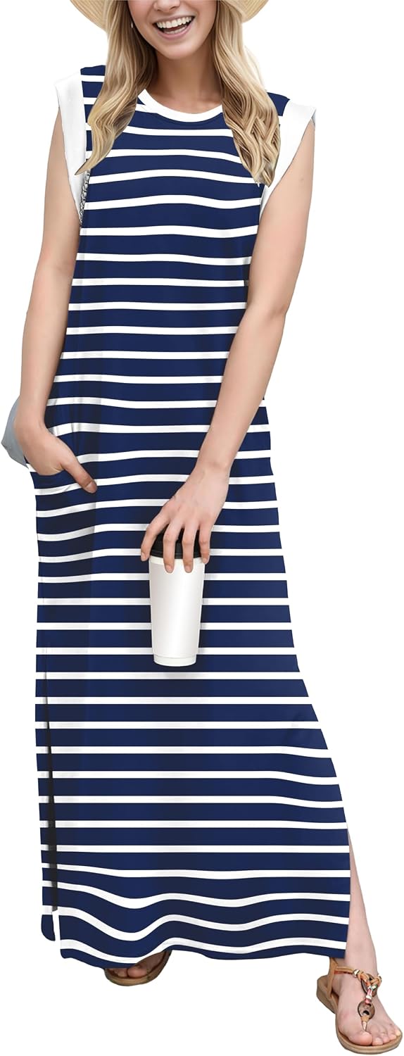 Crew-Neck Loose Maxi Dress with Side Slits and Pockets in Navy Blue White Stripe