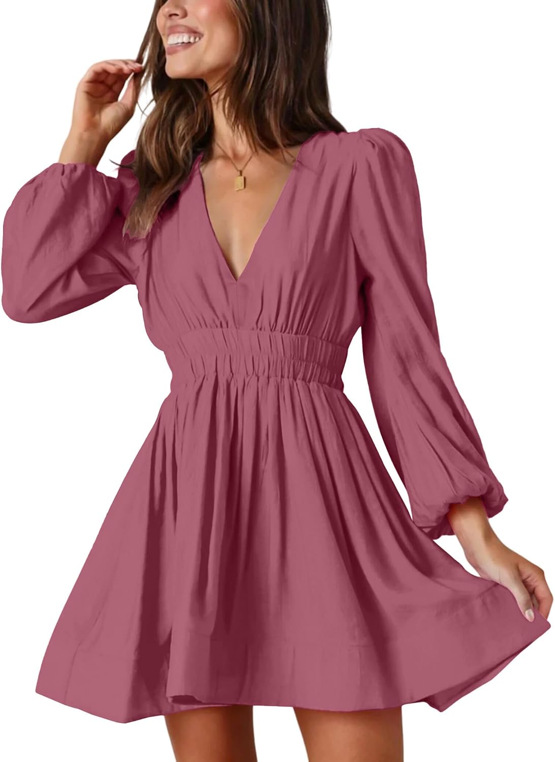 Deep-V Long-Sleeve A-Line Mini Dress in Dusty Rose