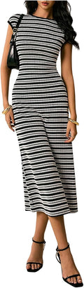 Striped Knit Cap-Sleeve Bodycon Midi Dress in Black and White Striped