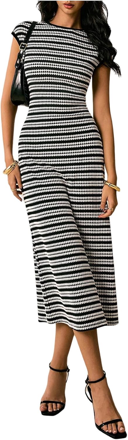 Striped Knit Cap-Sleeve Bodycon Midi Dress in Black and White Striped