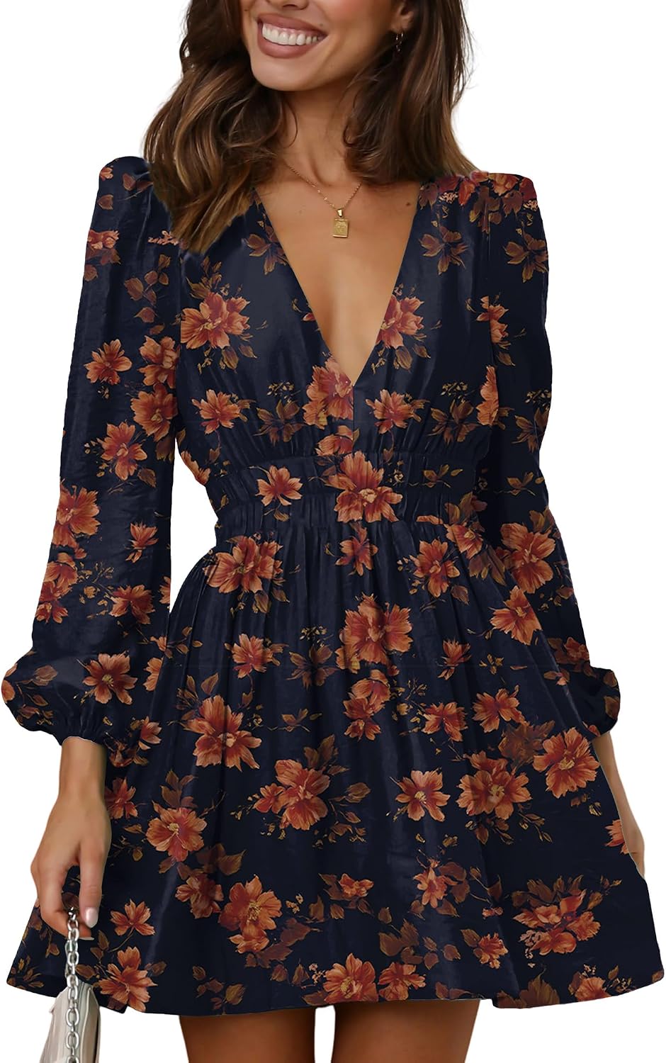 Deep-V Long-Sleeve A-Line Mini Dress in Floral Navy