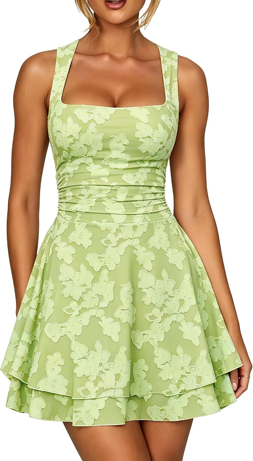 Floral Square-Neck Ruffle A-Line Mini Dress in Sage Green