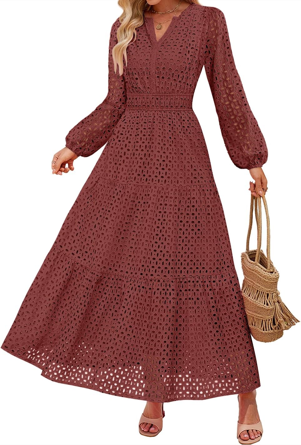 Eyelet V-Neck Long-Sleeve A-Line Dress in Rust