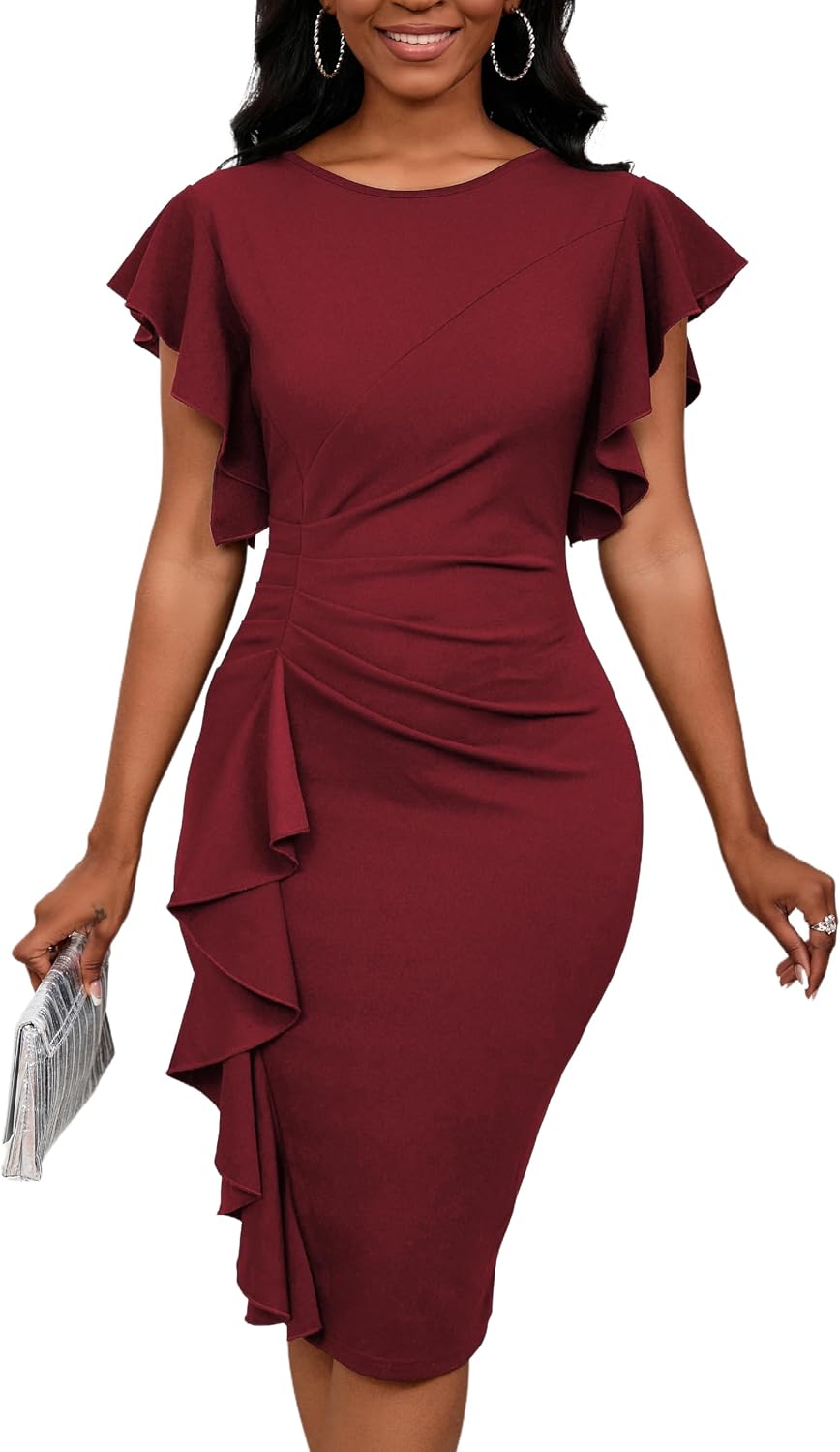 Ruffle-Sleeve Crew-Neck Pencil Midi Dress in Burgundy