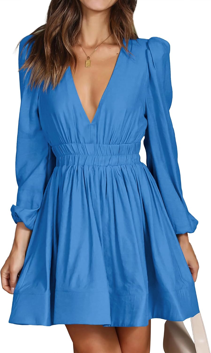 Deep-V Long-Sleeve A-Line Mini Dress in Blue