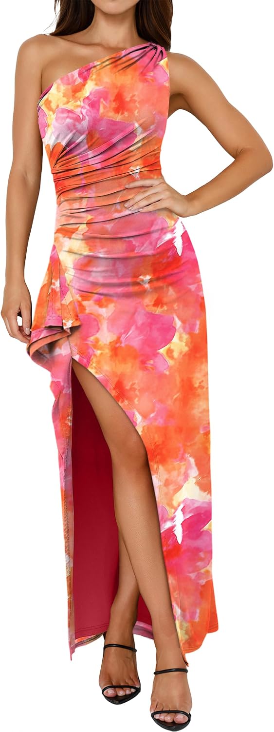 Floral One-Shoulder Bodycon Maxi Dress with High Slit in Orangered Floral