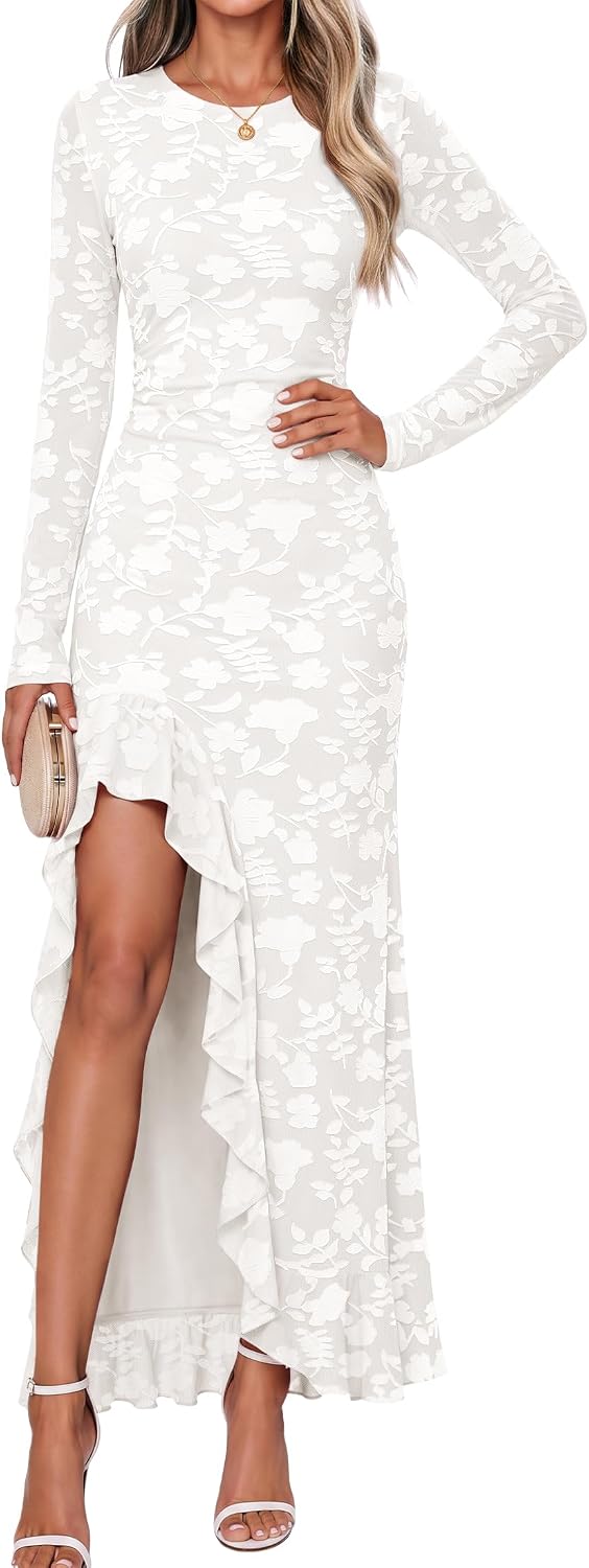 Floral Long-Sleeve Ruched Maxi Dress with Ruffle Hem in White