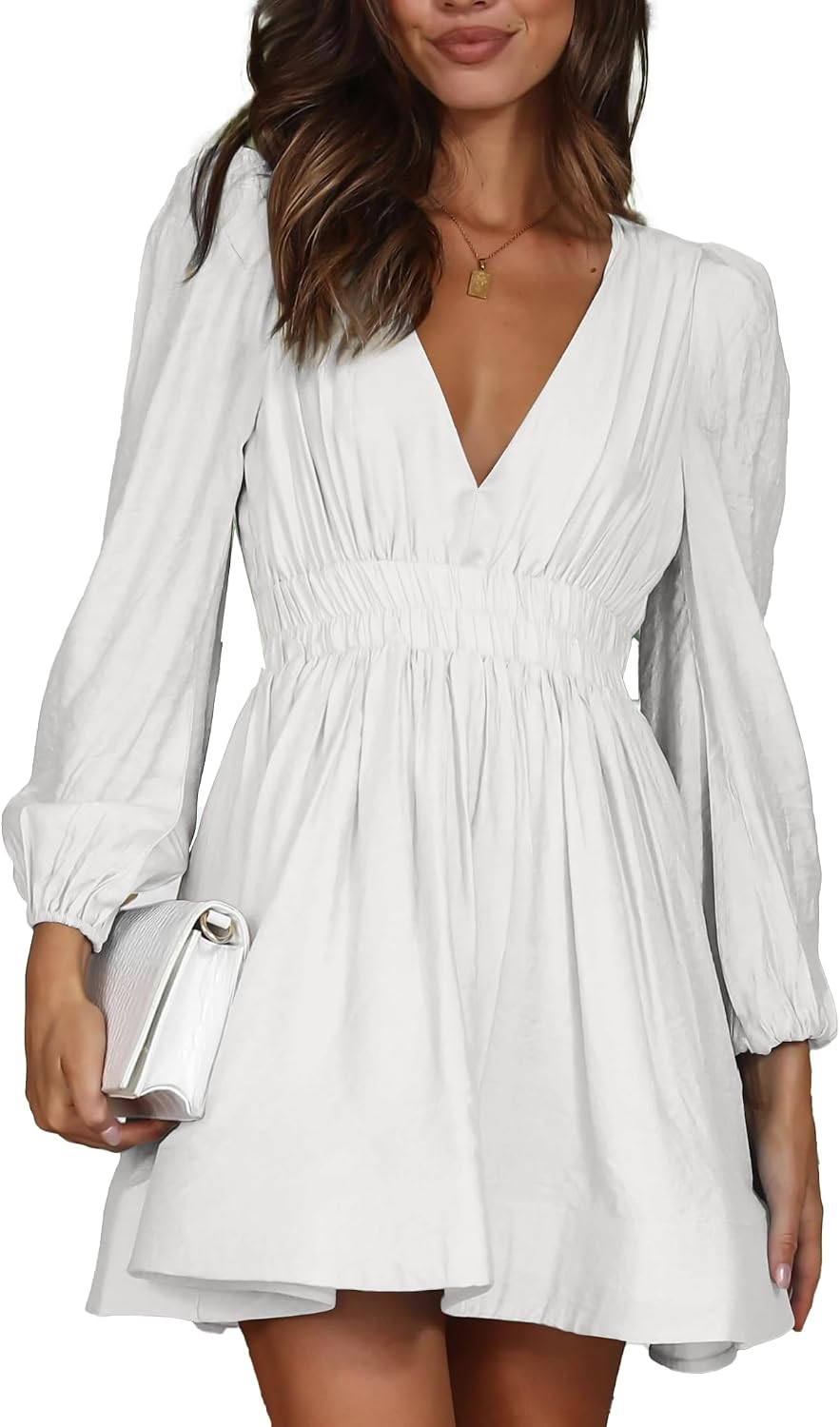 Deep-V Long-Sleeve A-Line Mini Dress in White