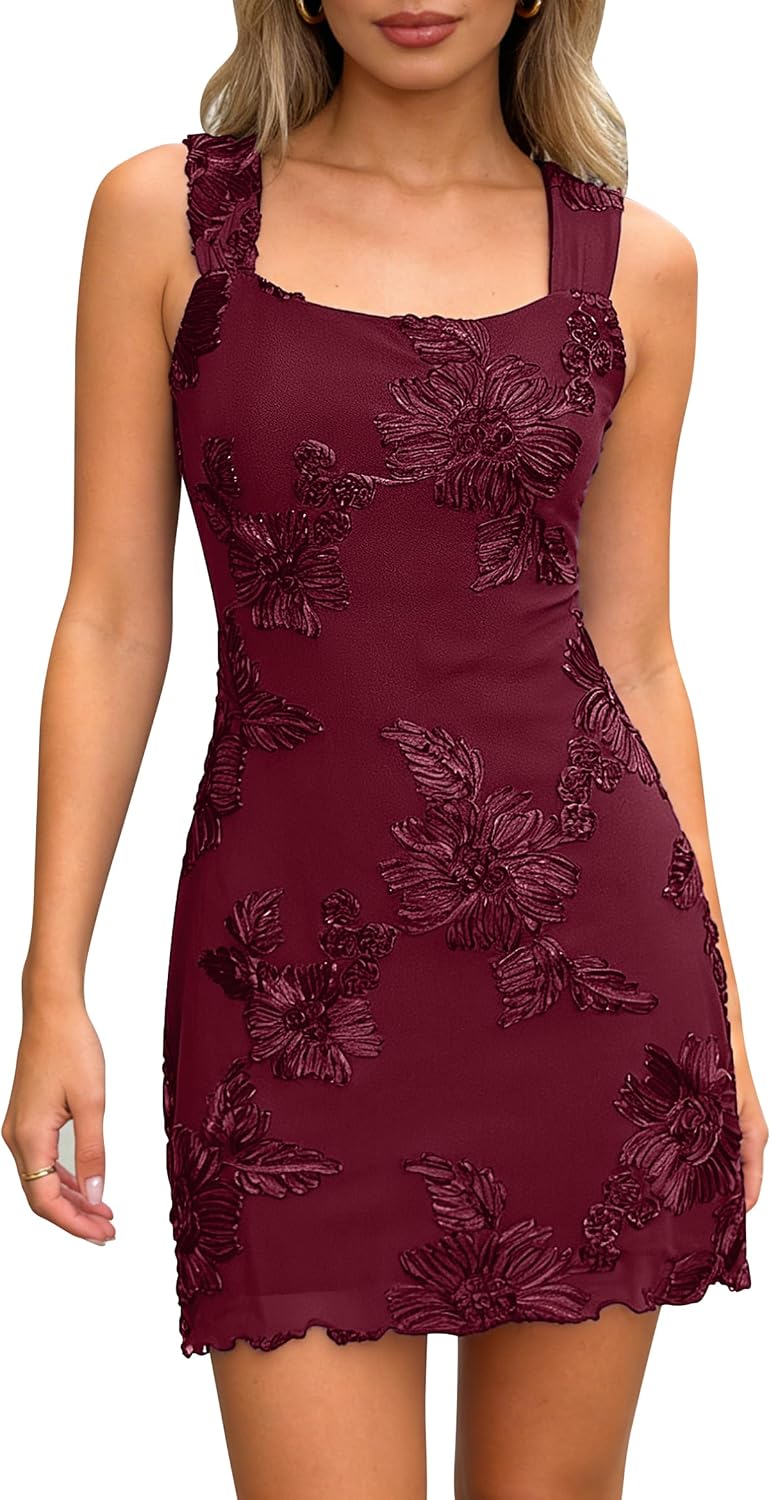 Embroidered Floral Mesh Square-Neck Mini Dress in Wine
