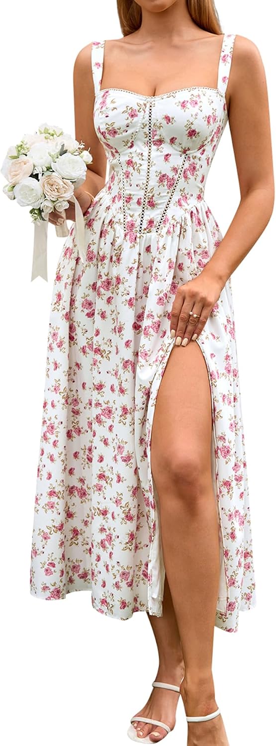 Floral Corset Midi Dress with Slit and Pockets in Pink White Floral