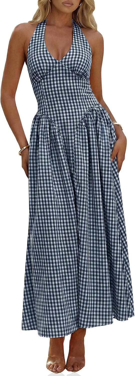 Plaid Halter Corset Maxi Dress with Pockets in Navy