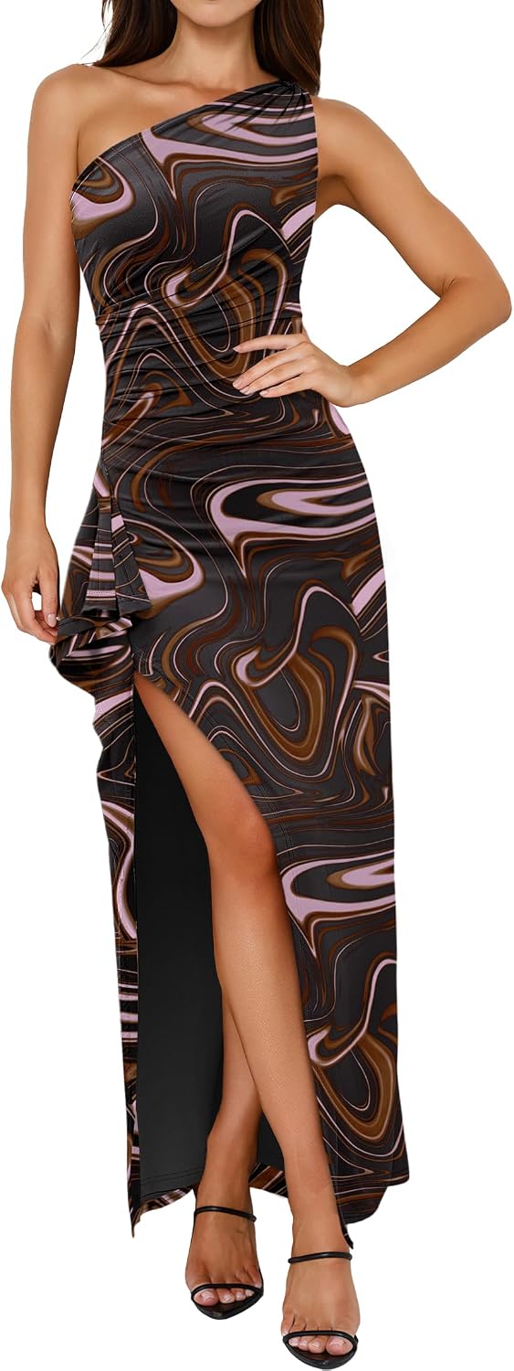 Floral One-Shoulder Bodycon Maxi Dress with High Slit in Coffee Brown