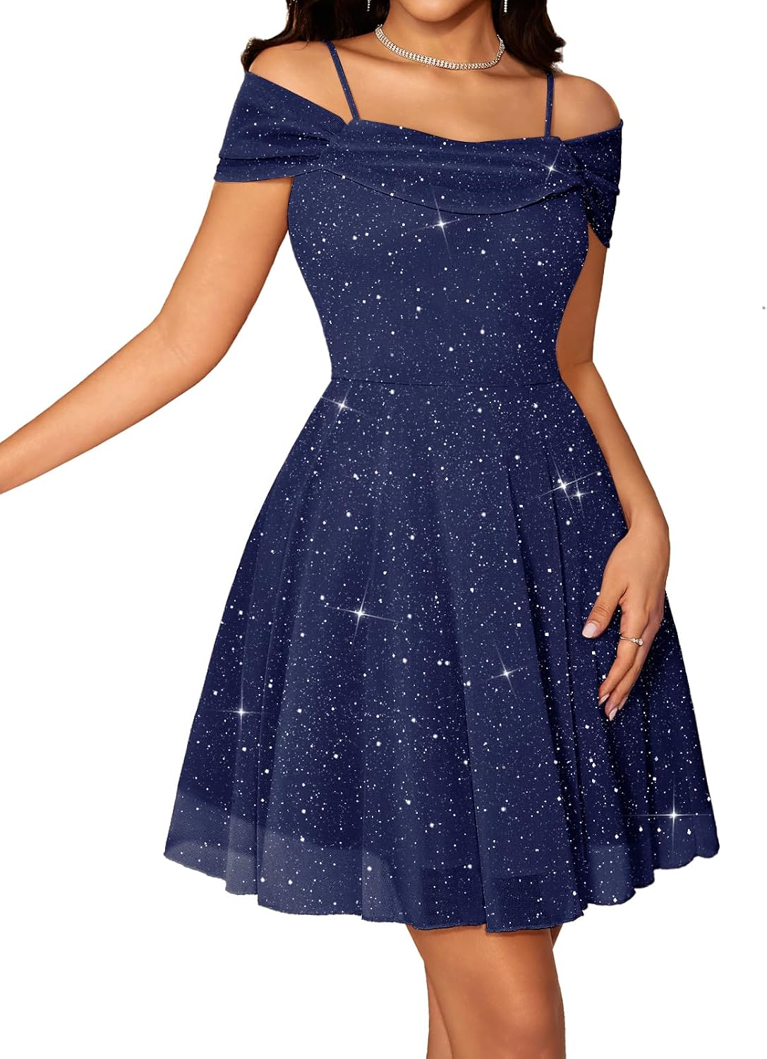 Sparkly Sequin Tulle Cowl-Neck Short Party Dress in Navy